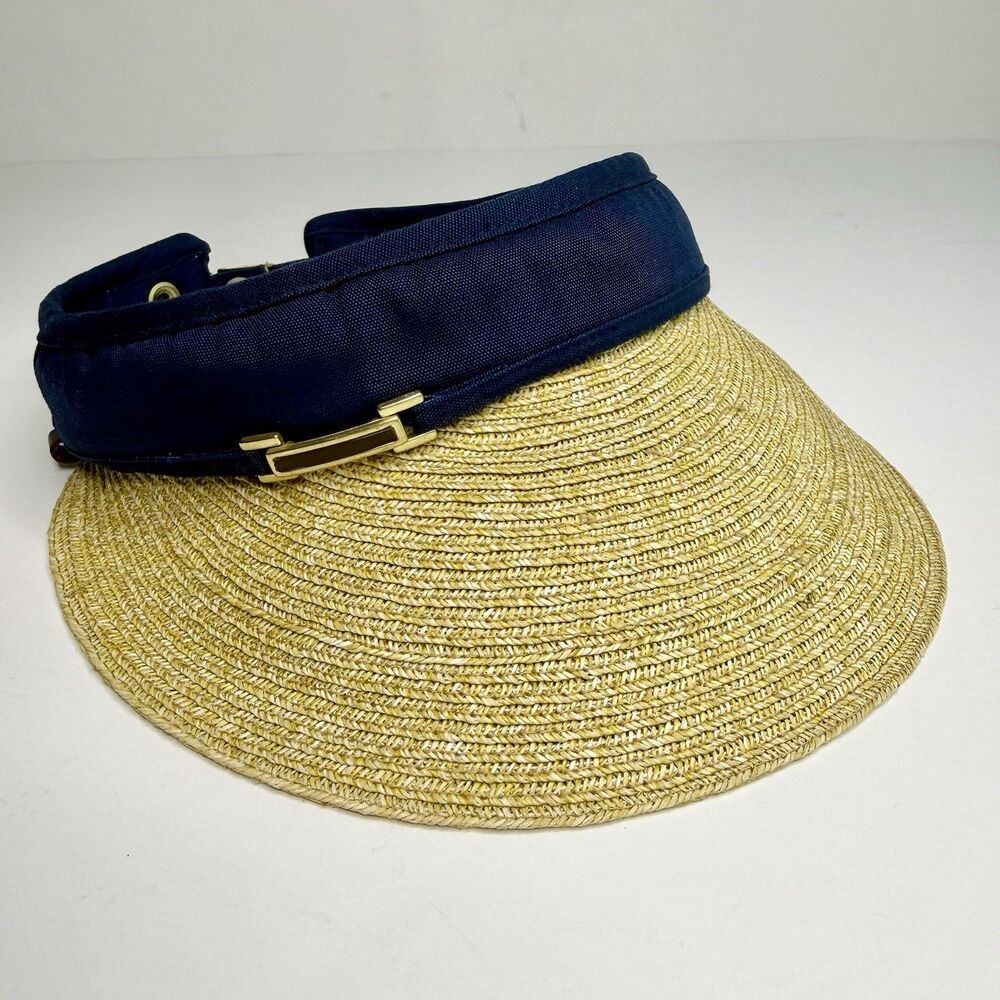 NINE WEST Women's One Size Adjustable Navy Blue Straw Brim Visor Sun Hat Beachy